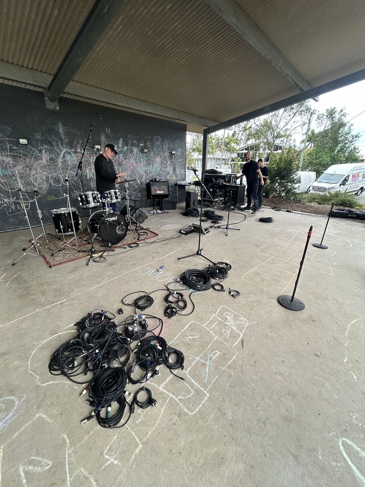 Stage setup and cabling at the Noosaville foreshore stage