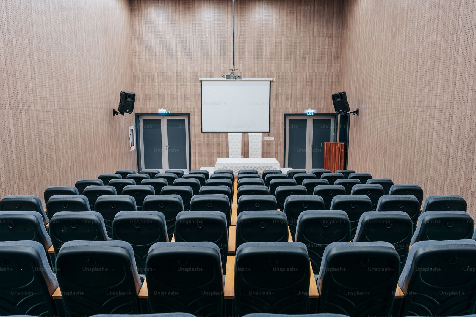 Illustrative image: Conference room with a projection screen and rows of seats