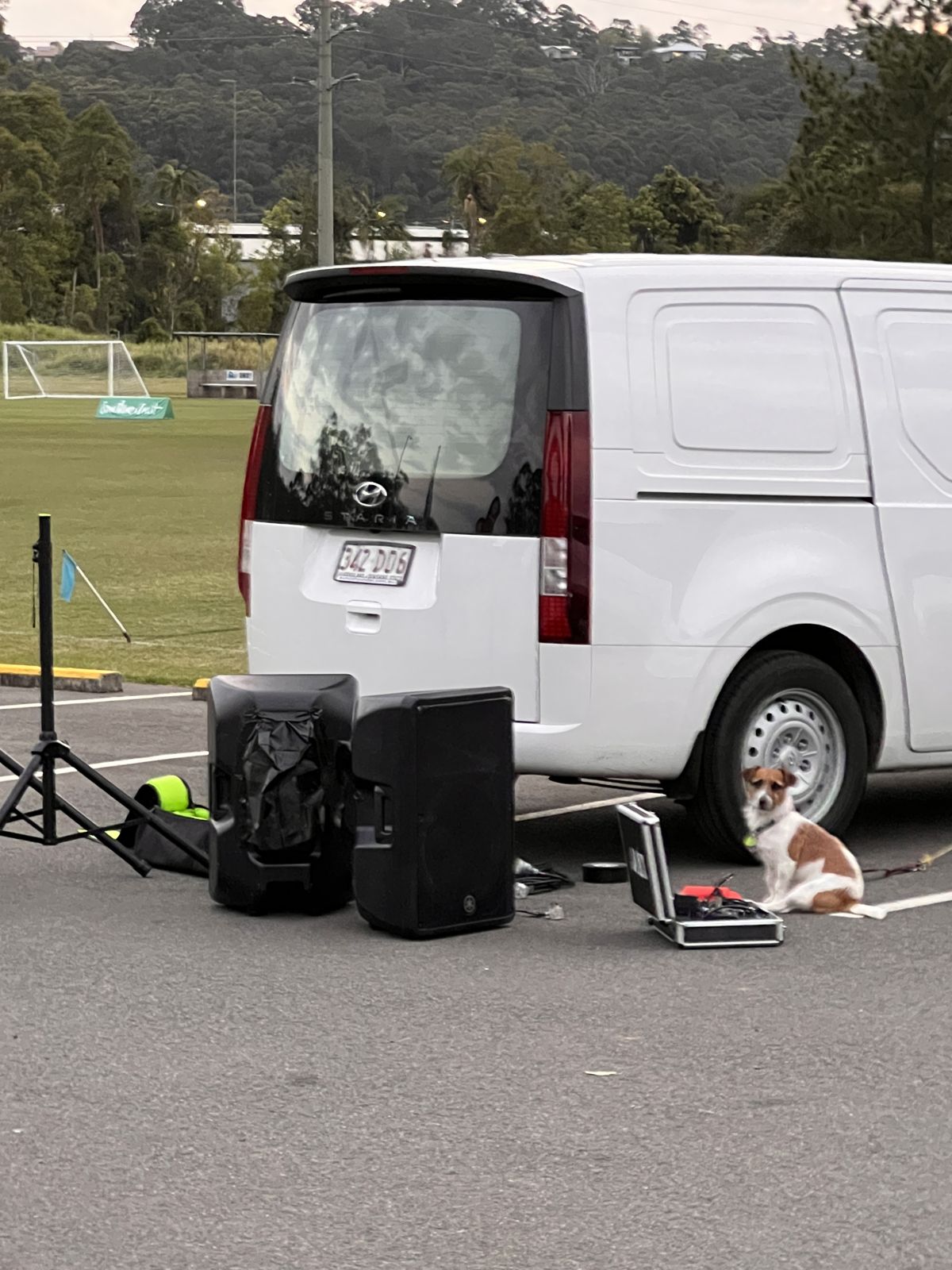 Portable PA unloaded from the van at a sports field
