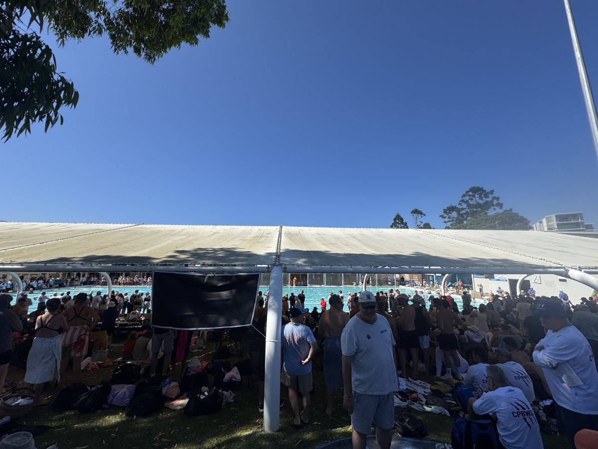 Crowd under the shade tents at a Maroochydore swimming carnival
