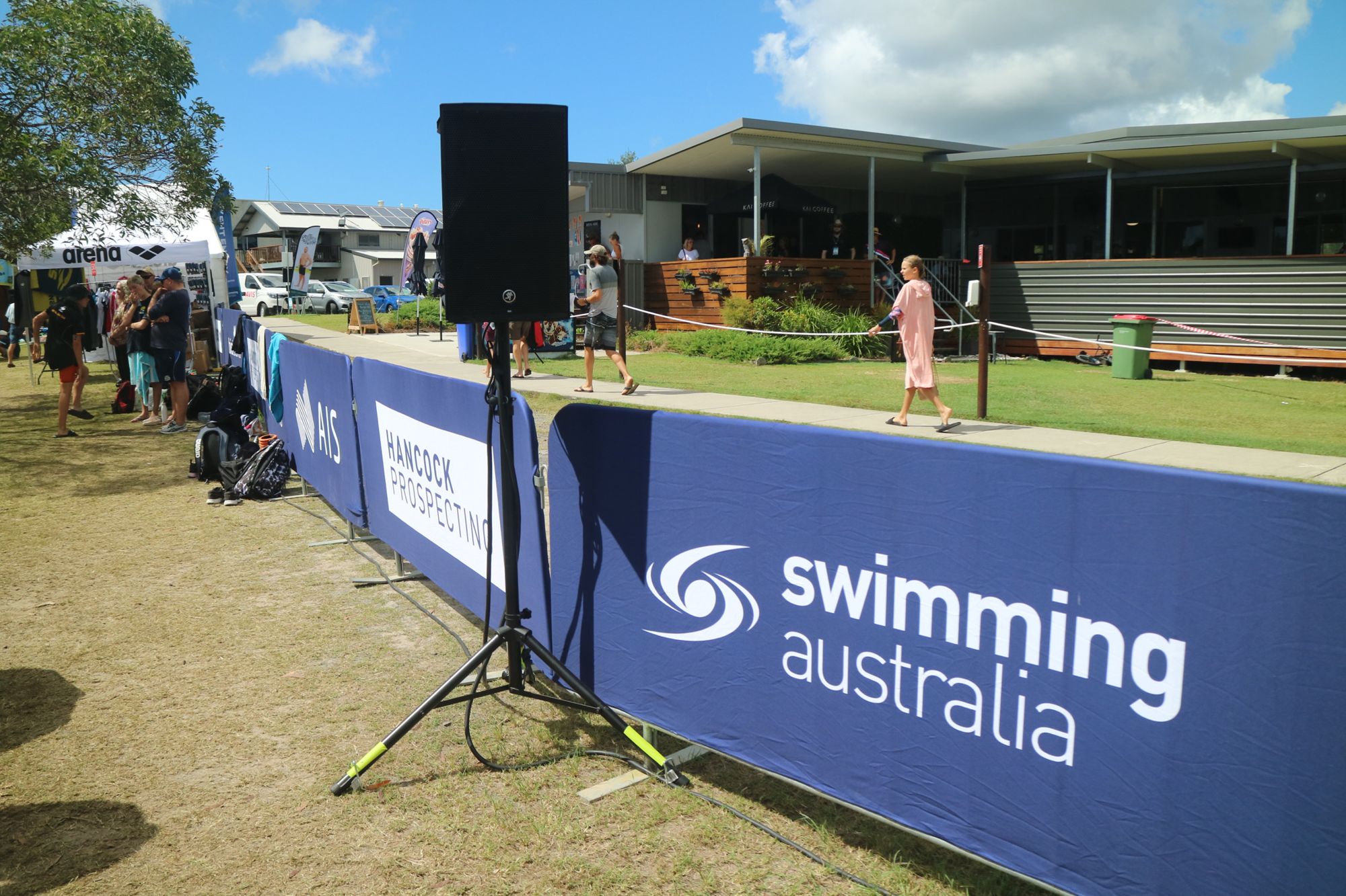 PA speaker beside the pool deck at a swimming carnival