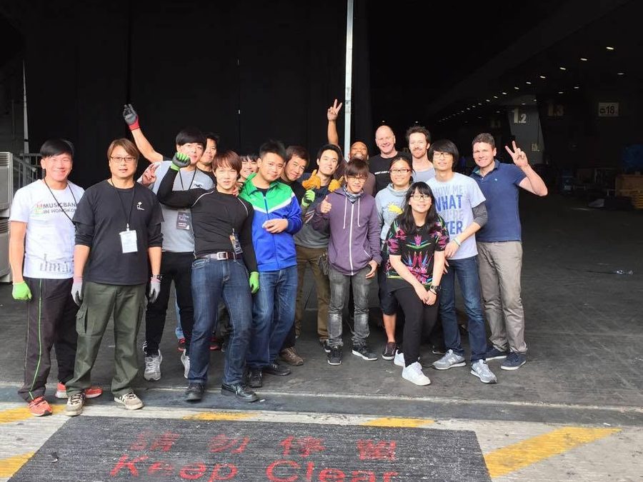 Touring crew at a loading dock in Hong Kong