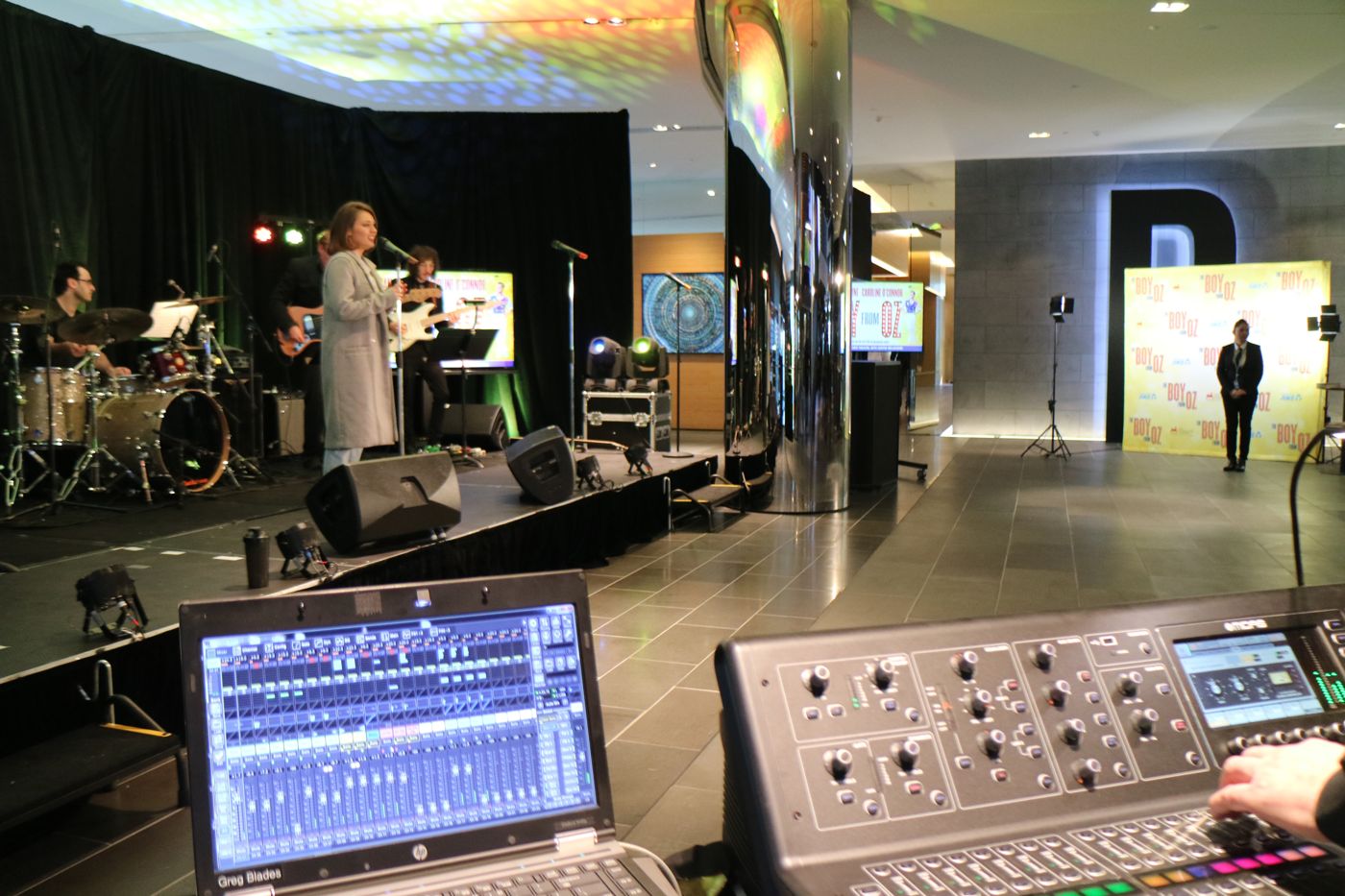 Band at a corporate launch, mixed from a digital console